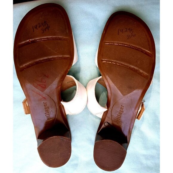 Villager Women's 8.5 White Slip-On Leather Heeled Sandals Adjustable Buckle FLAW - Picture 8 of 11